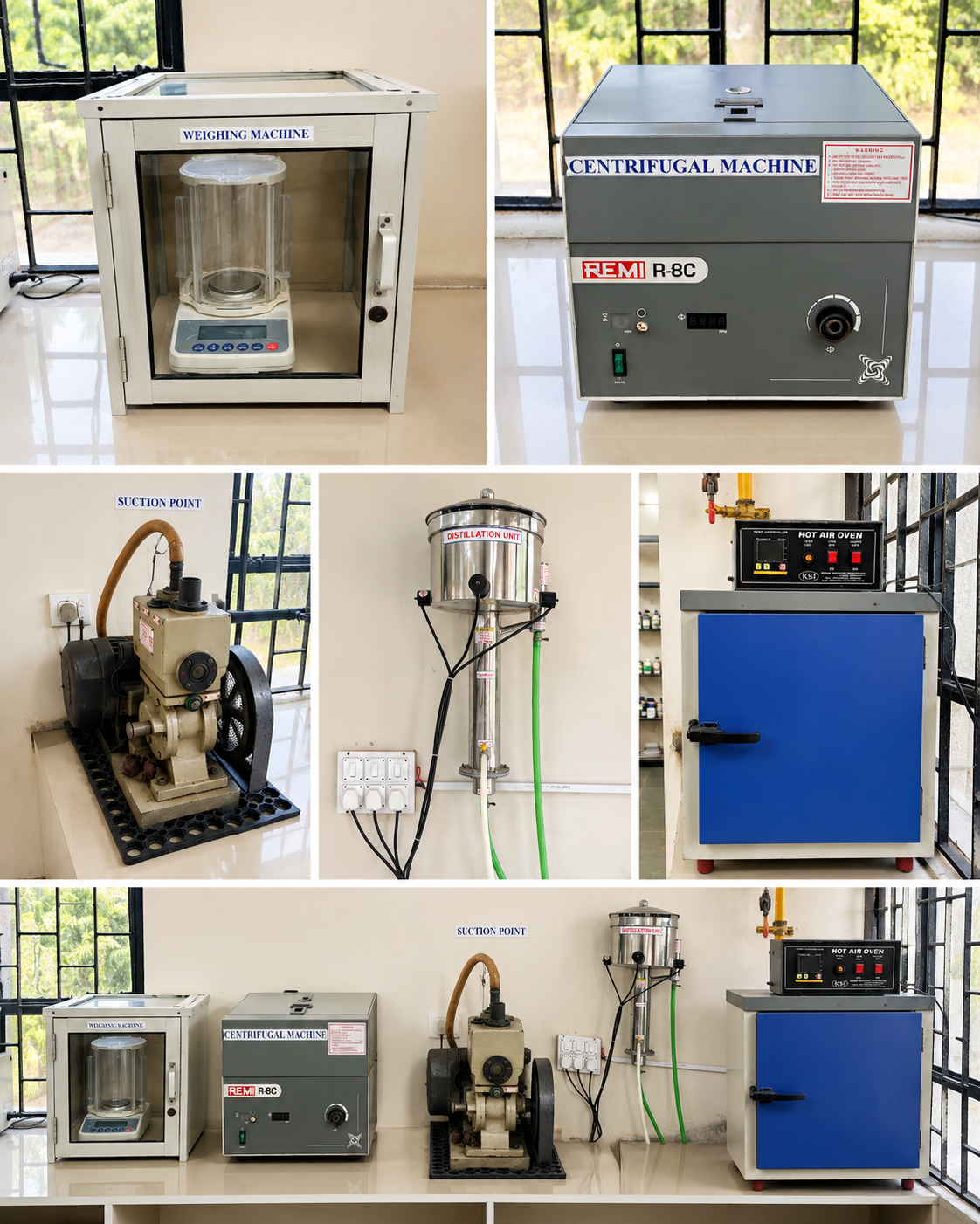 Laboratory equipment — analytical balance, centrifuge, hot air oven installed at facility